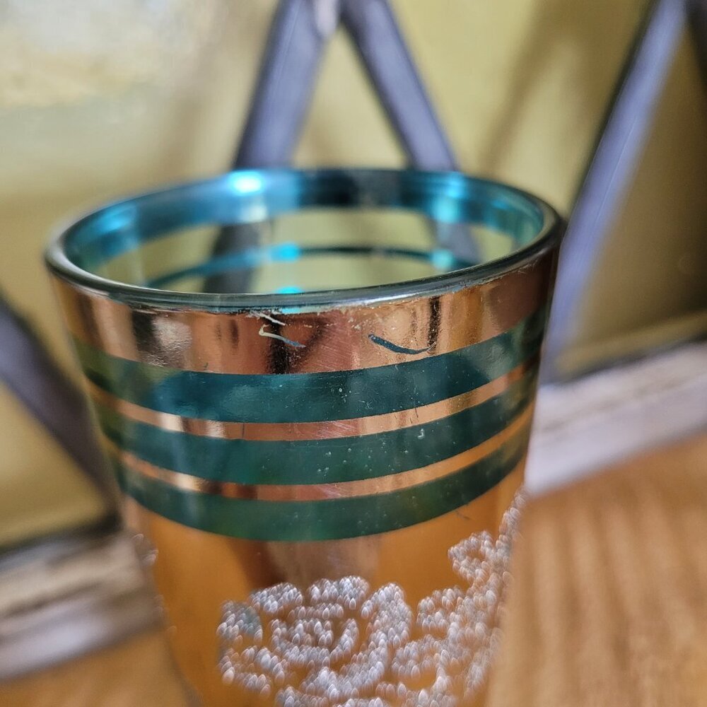 12 Vintage Drinking Glasses from Korea - Orange, Turquoise & Gold Roses - Picture 5 of 15